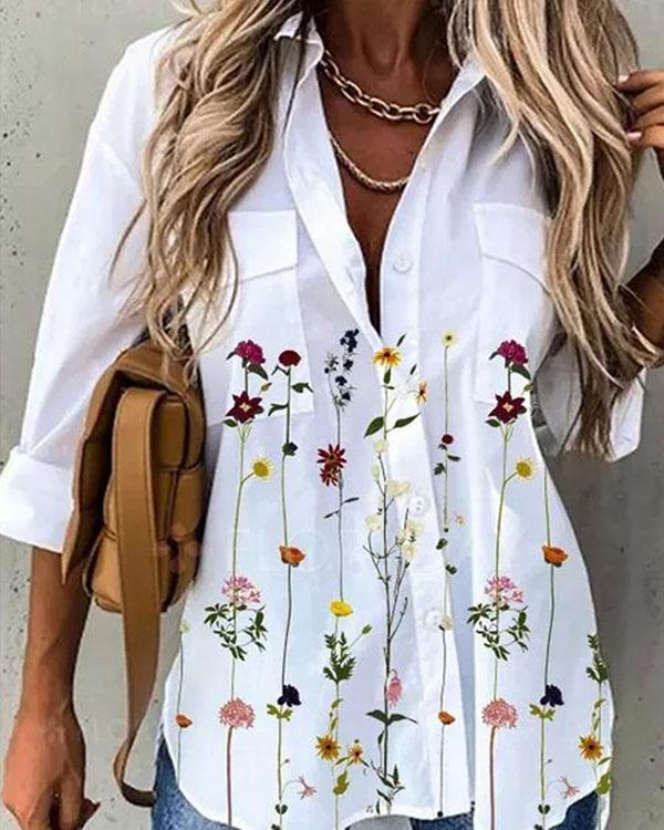 Sweet Floral Shirt Collar 3/4 Sleeves Blouses