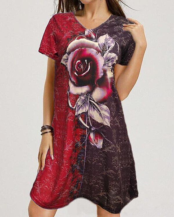 V-neck Loose Rose Print Short Sleeve Dress