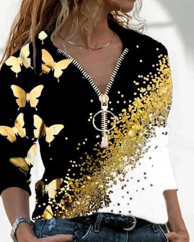 Butterfly Print V Neck Long Sleeve Blouses Tops