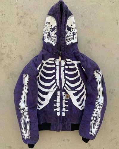 Skeleton Print Fashion Long-sleeved Hooded Coat Zip Up Sweatshirt