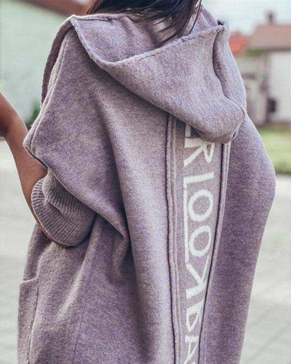 Comfy Warm Outerwear Solid Color Letter Print Pocket Hooded Casual Cardigan