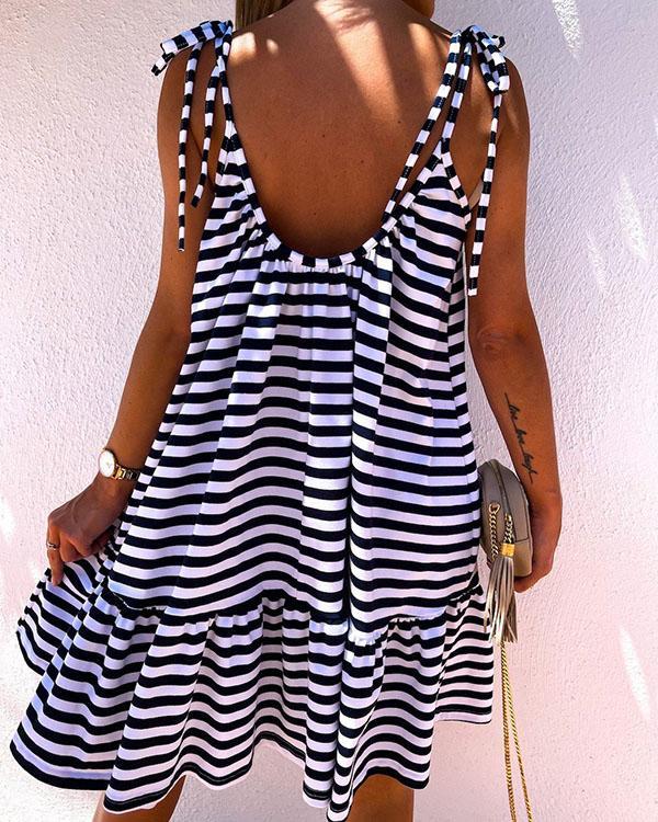 Lace up Strap Sleeveless Stripe Ruffle Sweet Mini Dresses