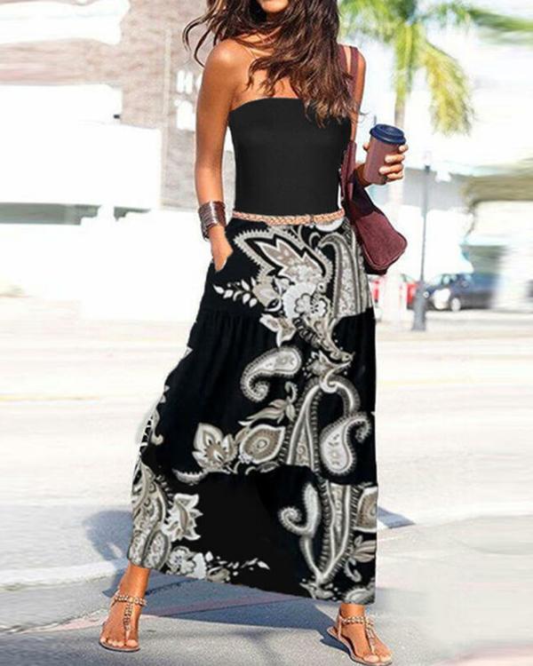 Print Sleeveless A-line Skater Vacation Maxi Dresses