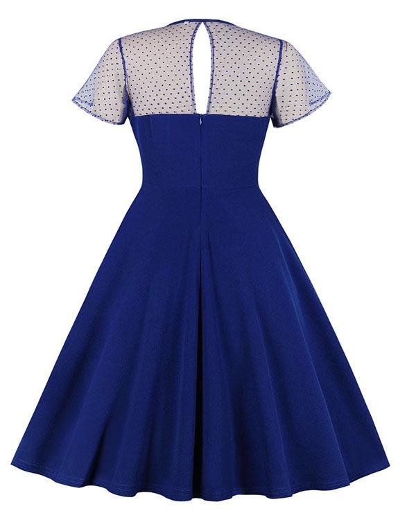 Elegant Lace Stitching Short Sleeve Polka Dot Midi Dress