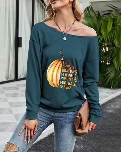 Slanted Shoulder Letter Fun Printed Long Sleeve T-Shirt