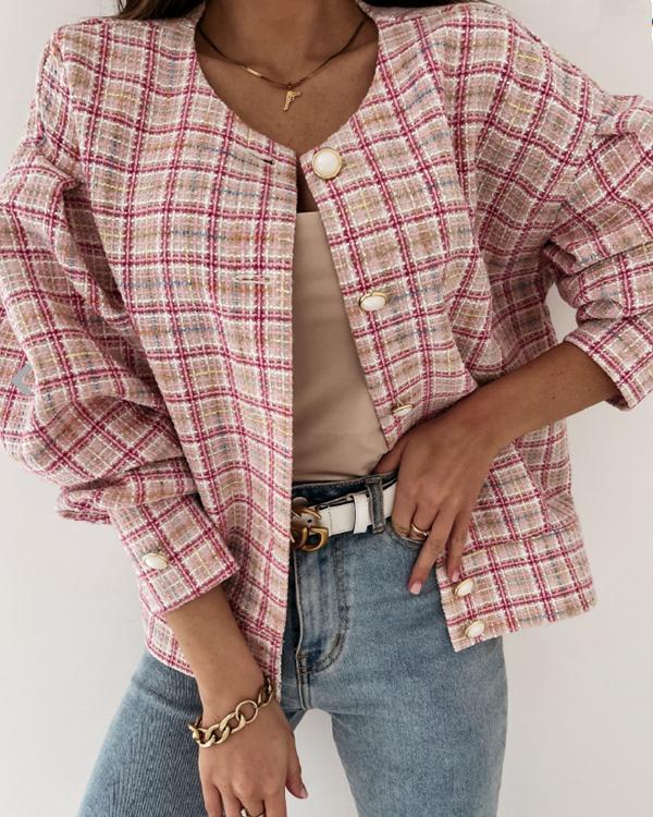 Long Sleeve Plaid Print Short Jacket