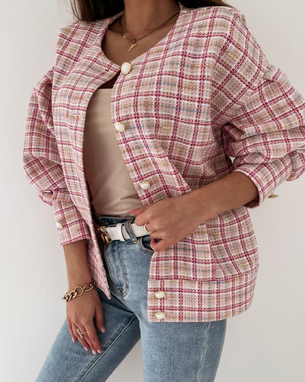 Long Sleeve Plaid Print Short Jacket