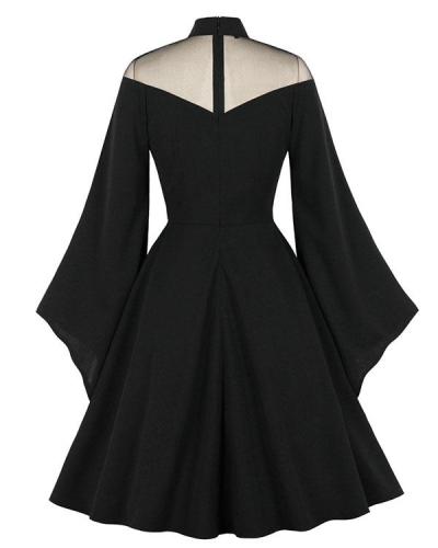 Halloween Black Queen Cosplay Dress Yarn Stitching Flare Sleeve Retro Maxi Dress