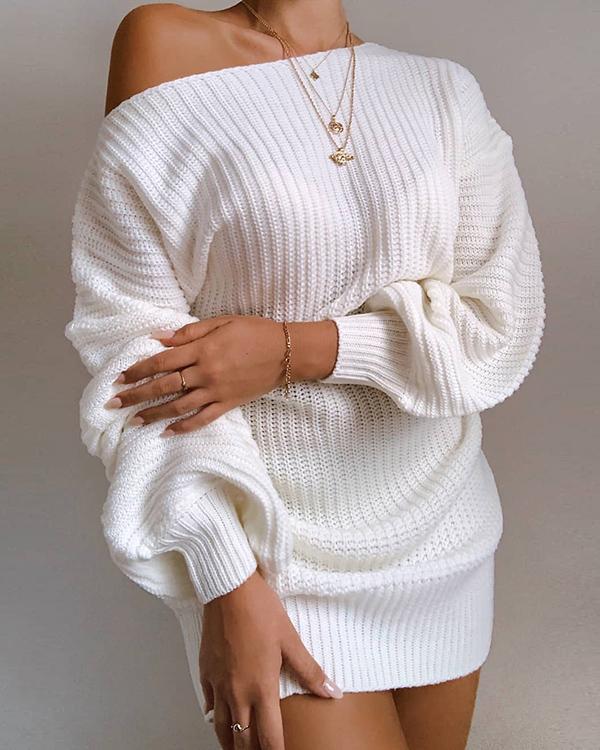 Casual Off-the-shoulder Lantern Sleeve Knitted Sweater Dress