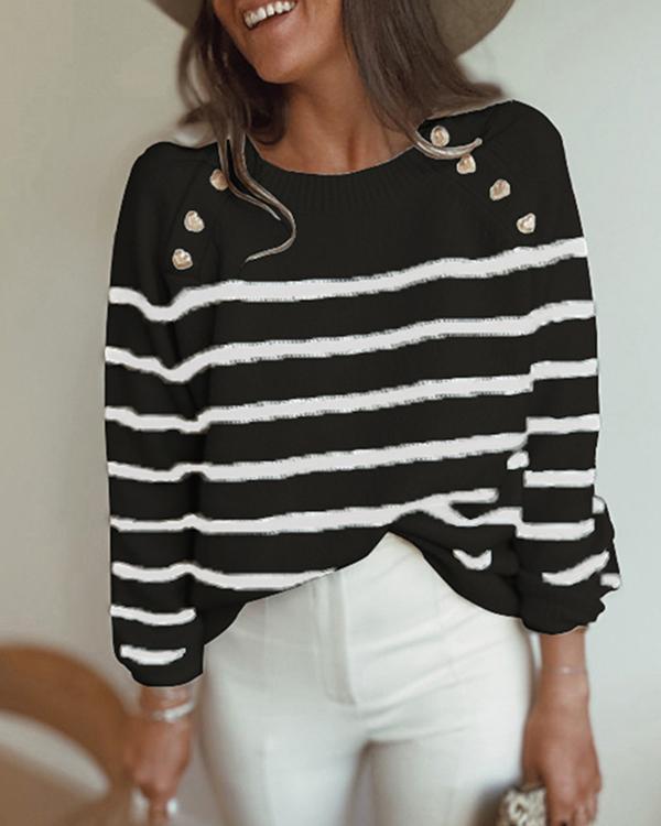 Casual Long-sleeve Round Neck Stripe Button Decor Autumn Sweater