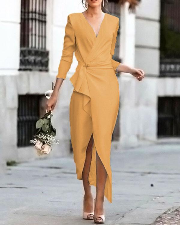 Women's Slim Fit Wrap Dress Asymmetric Midi Dress Elegant Work Dress