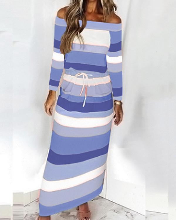 Women's Striped Drawstring One-Shoulder Long Sleeve Dress