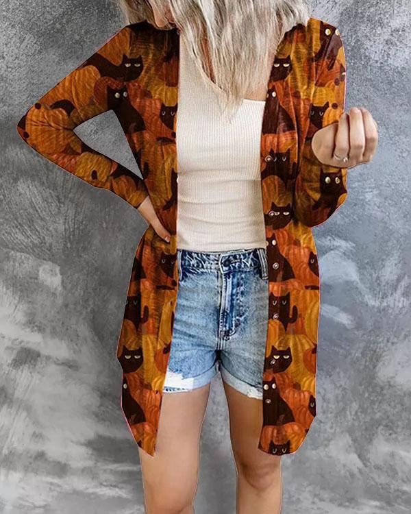 Early Fall Slim Fit Long Button Cardigan Halloween Element Print Outerwear
