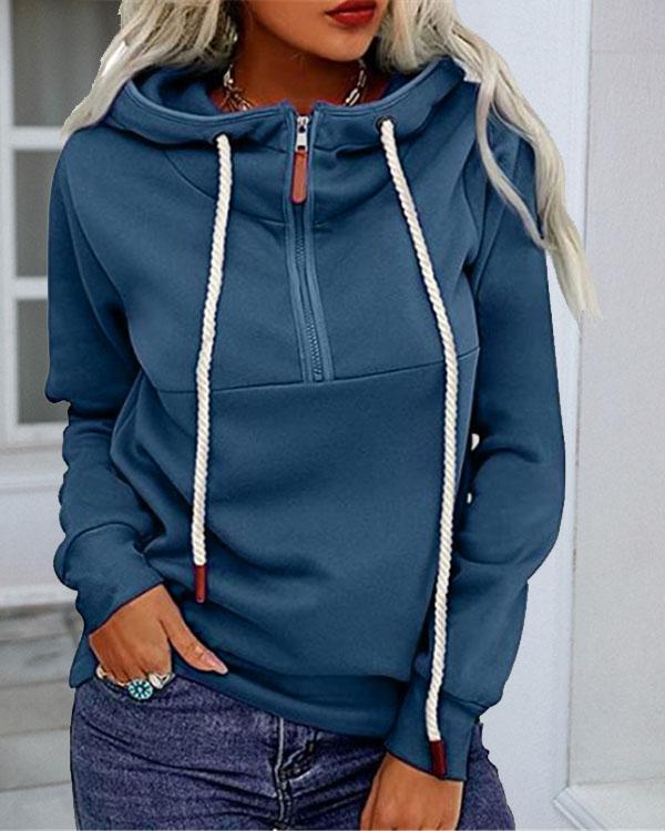 Women Pure Color Drawstring Zipper Hoodies Sweatshirt