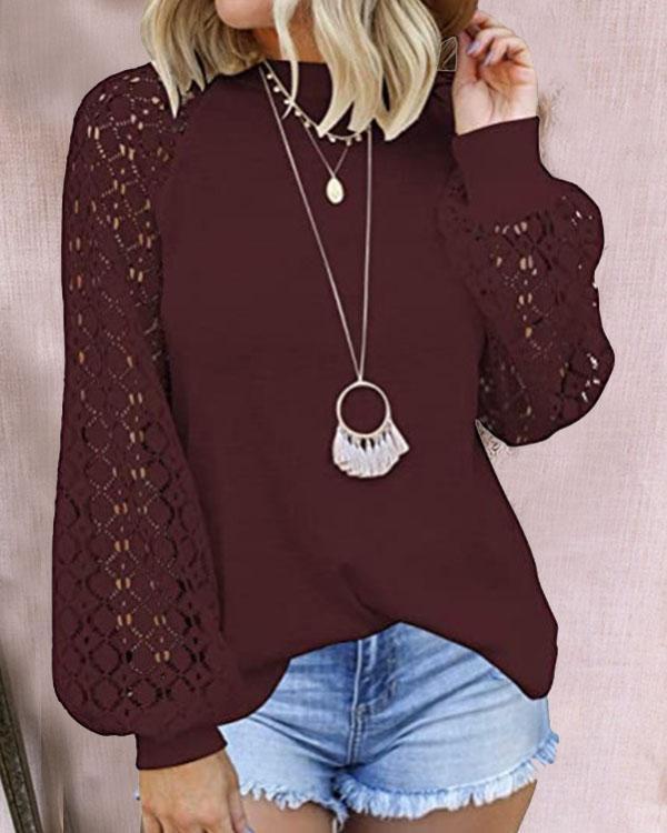 Women Round Neck Lace Stitching Long Sleeve Daily Tops