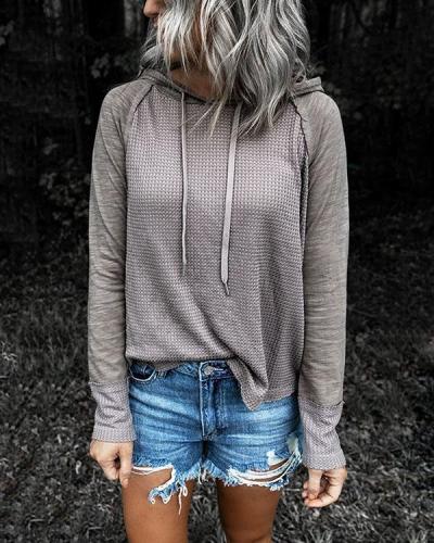 Women Color Contrast Drawstring Hoodies Waffle Pattern Long Sleeve Top