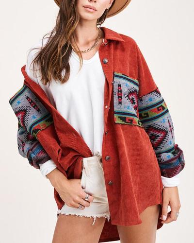 Corduroy Stitching Printed Long-sleeved Jacket