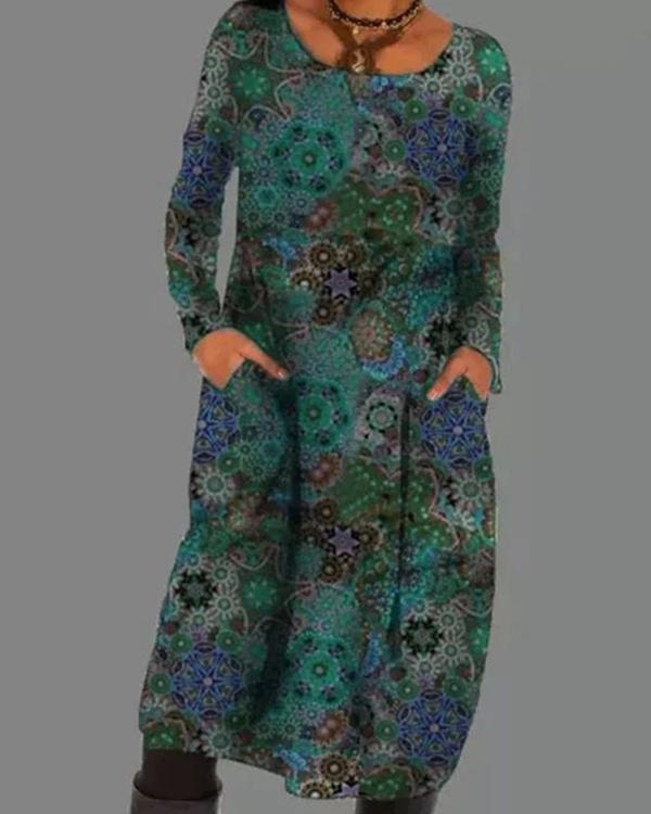 Color Block Pockets Vintage Printed Long Sleeve Dress