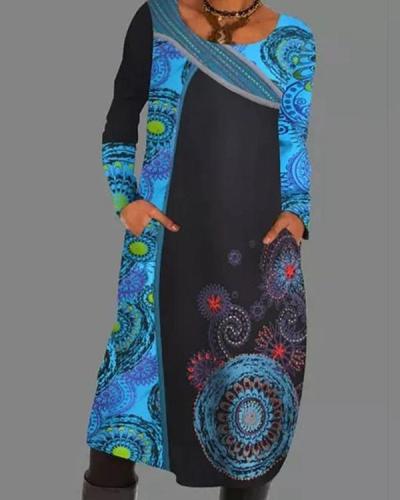 Color Block Pockets Vintage Printed Long Sleeve Dress