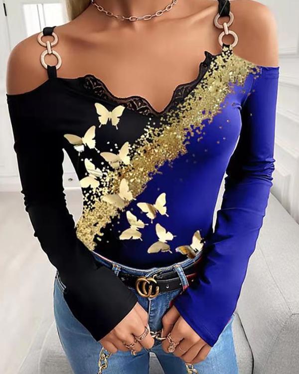 Sexy V-neck butterfly Print Off-Shoulder Strap Long-sleeved Top