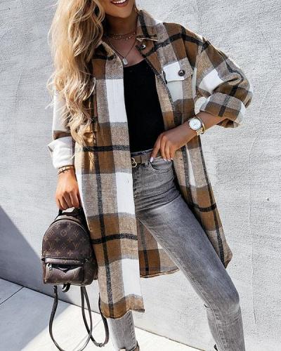 Loose Fit Plaid Print Autumn Long Coat Casual Fashion Vintage Shirt