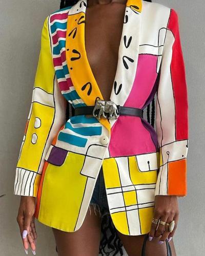 Women's Chic Long Blazers Colorful Print Coat