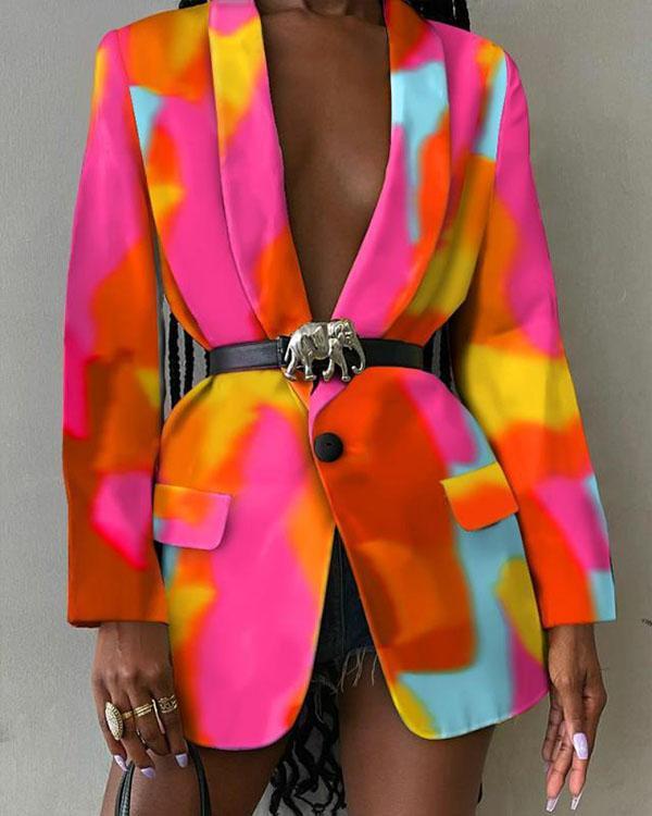 Women's Chic Long Blazers Colorful Print Coat