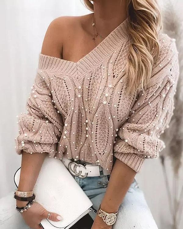 Sexy V Neck Crochet Pattern Beaded Knittting Warm Sweater