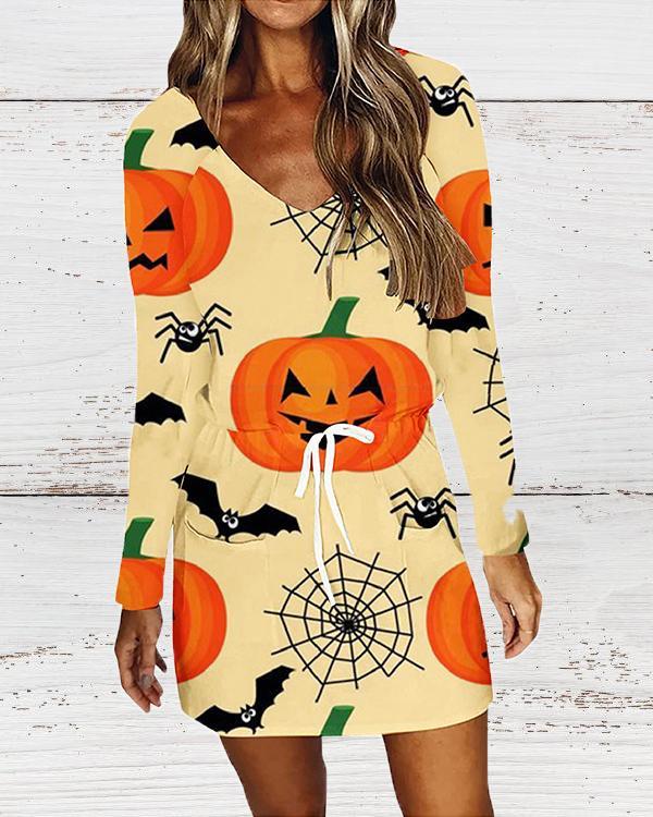 Halloween V-neck Printed Long Sleeve Dress