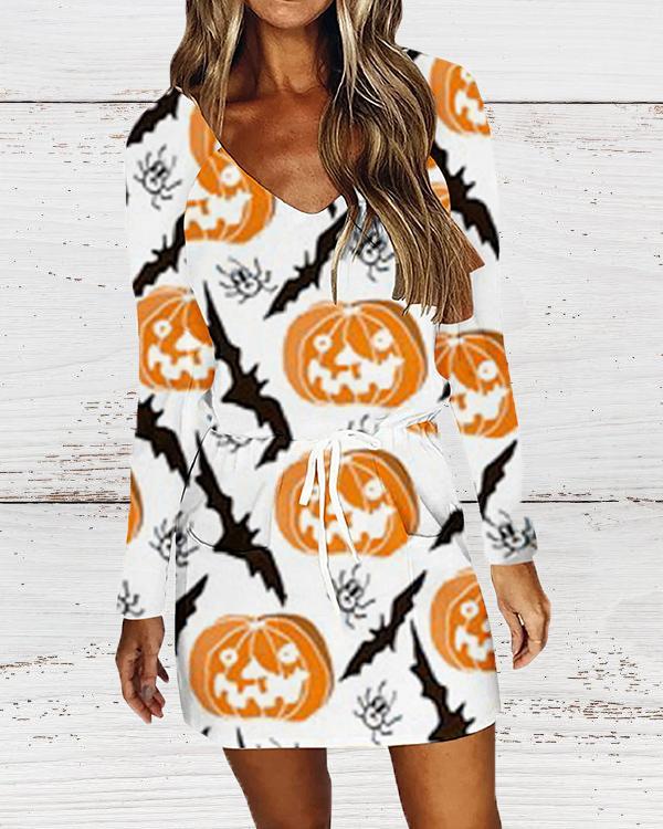 Halloween V-neck Printed Long Sleeve Dress