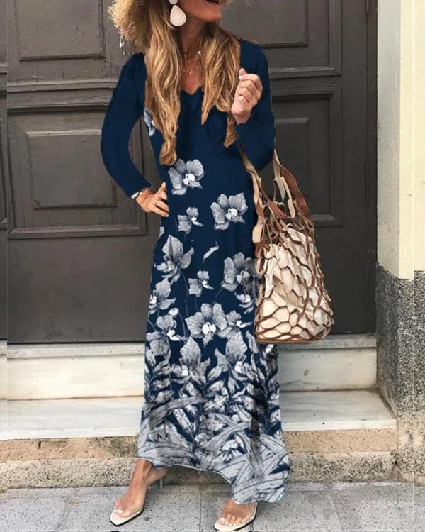 Women Floral Print  Long Sleeve Maxi Dress