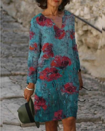 Floral V-Neckline Above Knee long sleeve Dress