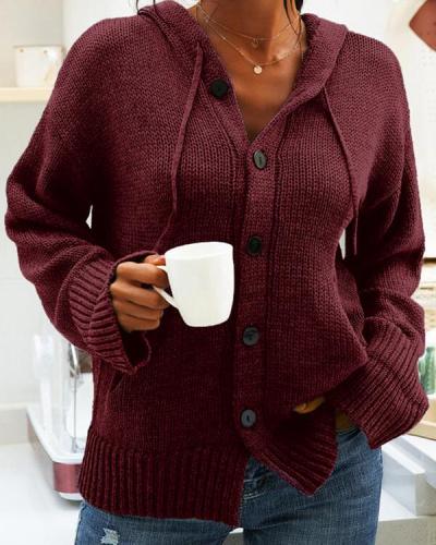Patchwork Buttons Drawstring Comfy Hooded Going out Cardigan