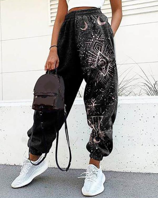 Ladies Casual Retro Sun Starry Sky Print Loose Fitness Sweatpants Trousers