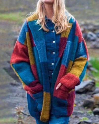 Vintage Style Colorblock Loose Warm Knitting Cardigan Warm Coat With Pocket