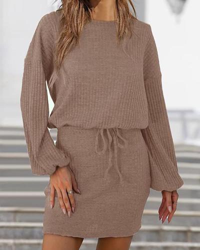 Knit O Neck Drawstring Long Sleeve Mini Dress