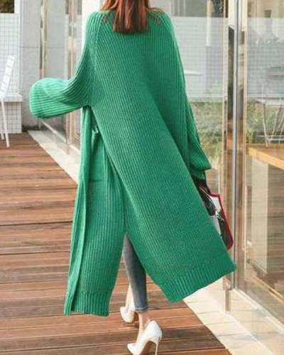 Winter Collarless Loose Fit Solid Cardigan Split Long Coat