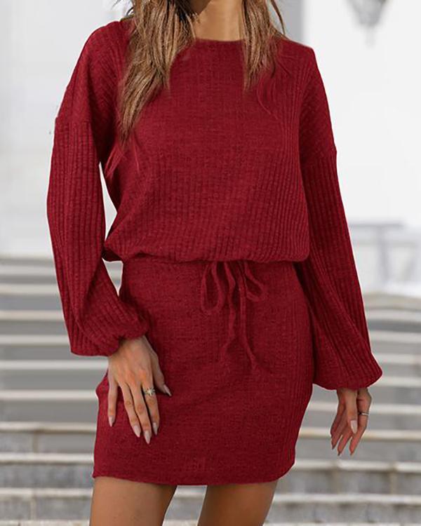 Knit O Neck Drawstring Long Sleeve Mini Dress