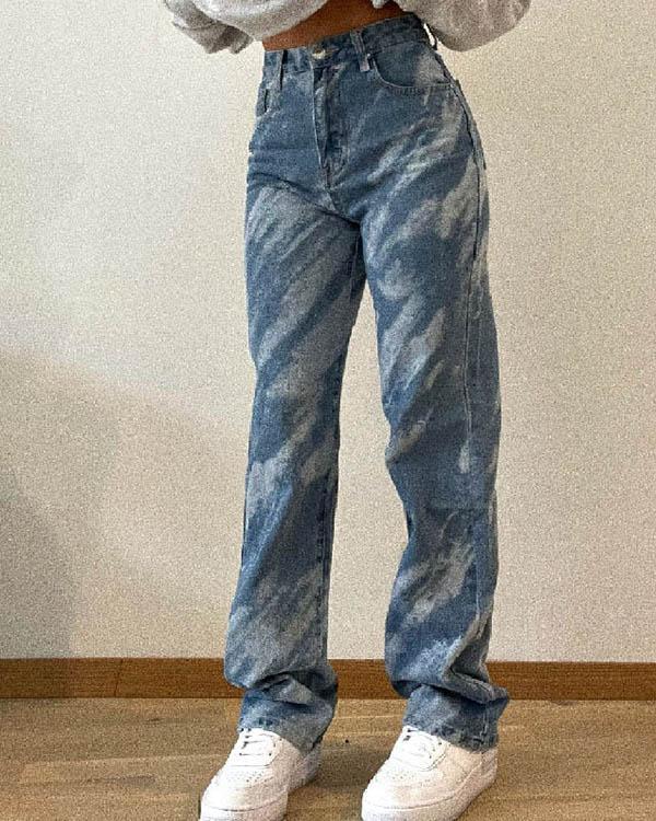 Casual Print Straight High Waist Denim Jeans