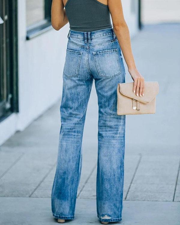 Women Mid Rise Washed Denim Ripped Hollow out Jeans