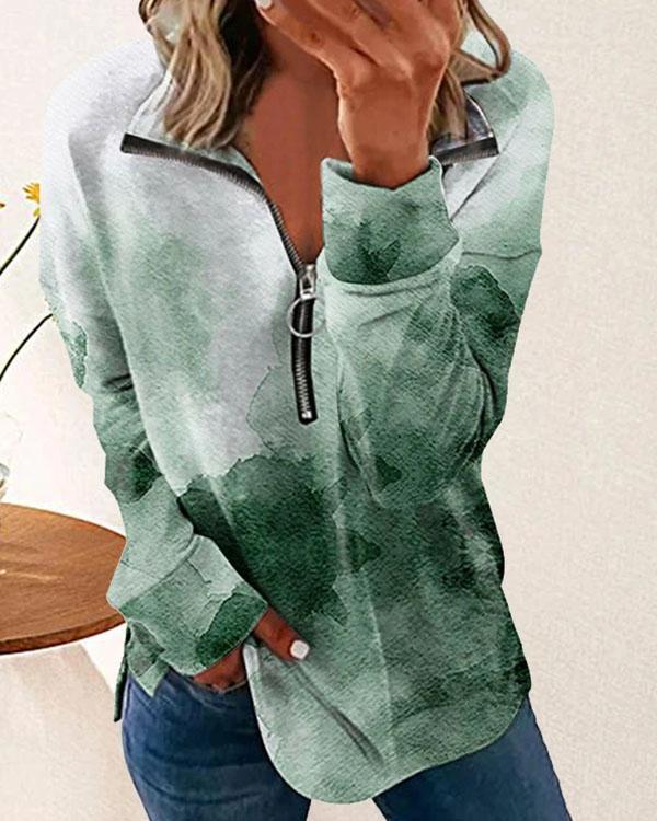 Autumn Fashion Tie Dye Print Long-sleeved Zipper Tops