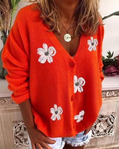 Loose Fit Embroidered V Neck Knitted Sweater