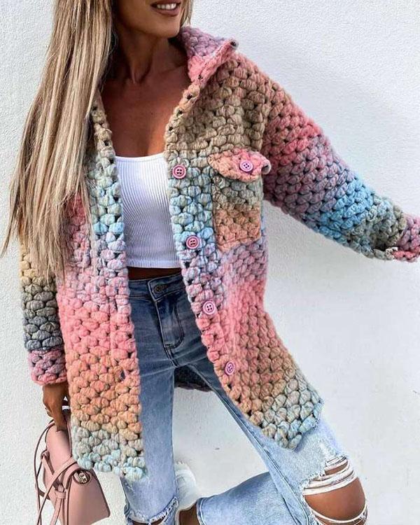 Rainbow Color Woolen-Blend Braided Coat Winter Ombre Outerwear