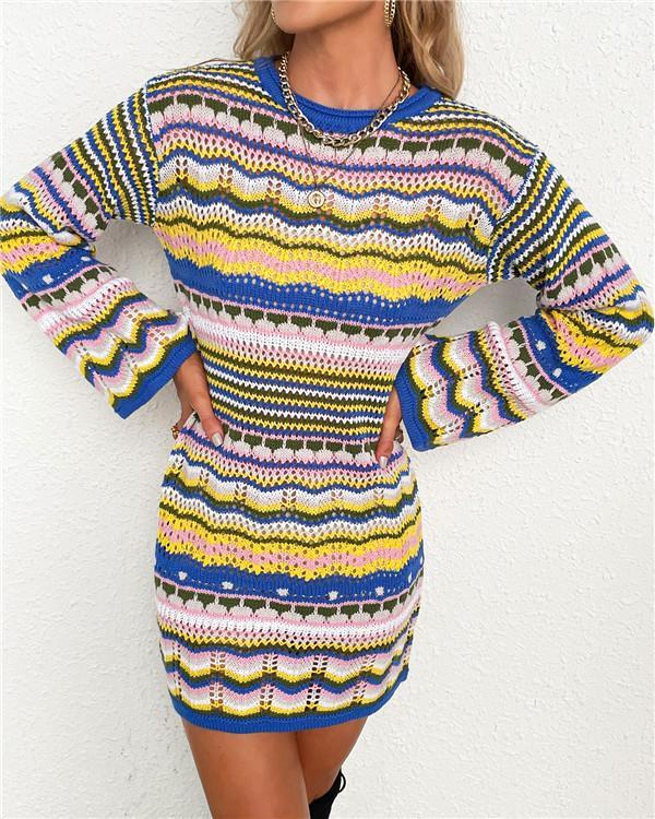 Knit sweater women rainbow striped pullover mid-length women's sweater