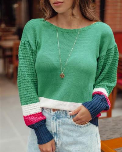 Elegant flared sleeve contrast knit sweater