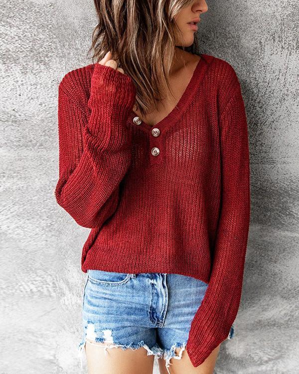 Solid Color V Neck Buttoned Knit Sweater