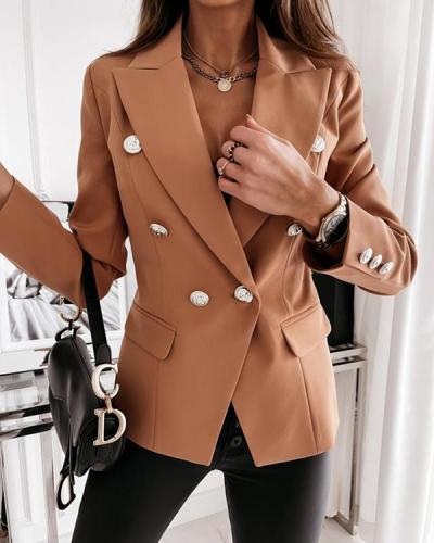 Double-Breasted Nine Points Sleeve Plain Notched Lapel Standard Women's Casual Blazer