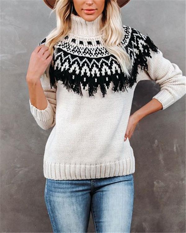 Fringed Turtleneck Knit Women's Pullover Sweater