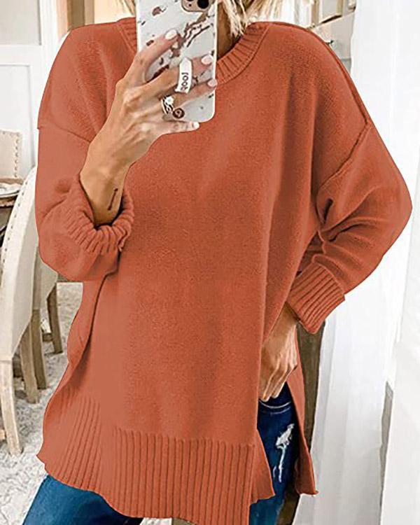 Round Neck Long Sleeve Side Slit Loose Sweater