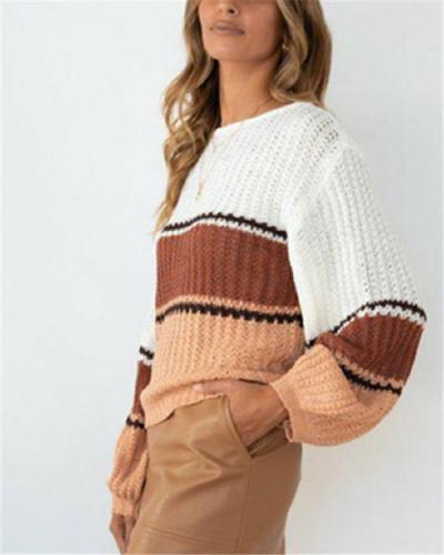 Round Neck Hollow Loose Color Stitching Long Sleeve Knitted Sweater